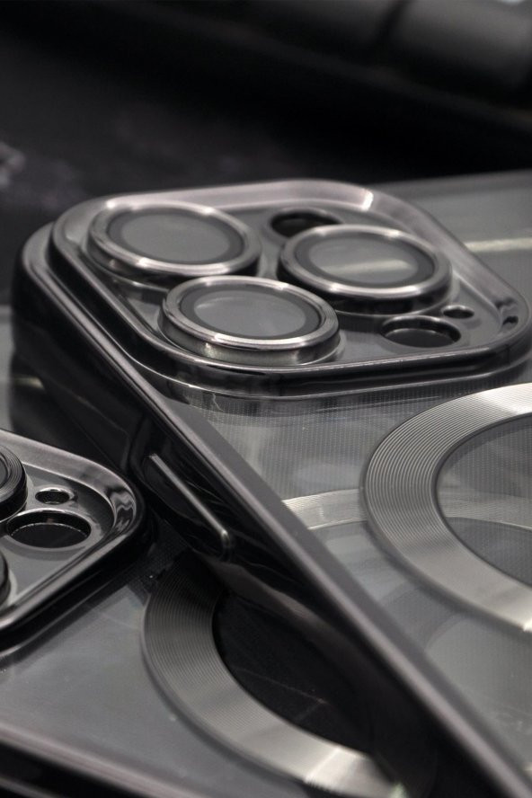 iPhone 13 Pro Uyumlu MagSafe Özellikli Siyah Renkli Kenarlı Lazerli Şeffaf Kılıf Lens Korumalı - Resim 3