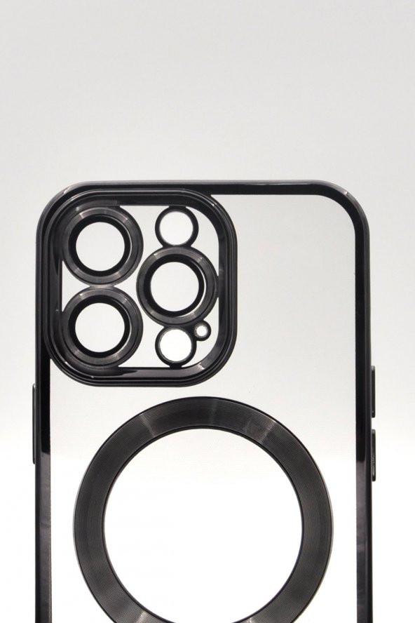 iPhone 13 Pro Uyumlu MagSafe Özellikli Siyah Renkli Kenarlı Lazerli Şeffaf Kılıf Lens Korumalı - Resim 5