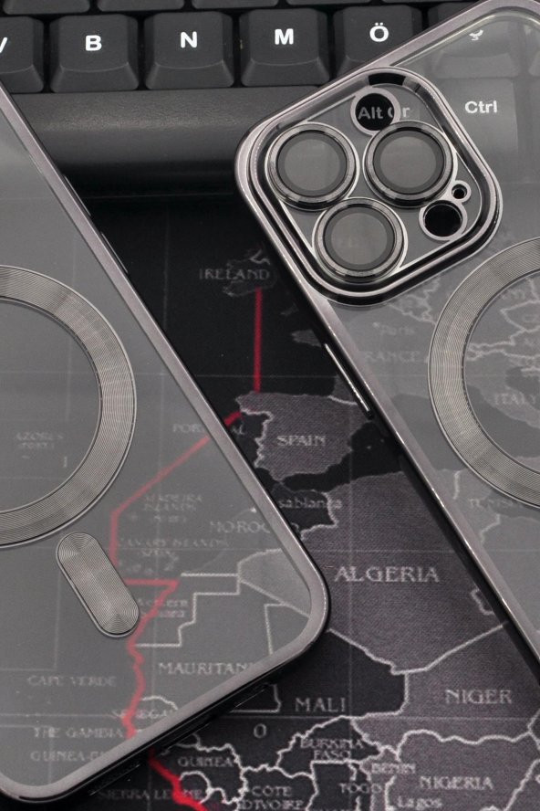 iPhone 13 Pro Uyumlu MagSafe Özellikli Siyah Renkli Kenarlı Lazerli Şeffaf Kılıf Lens Korumalı - Resim 6