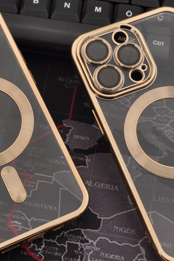 iPhone 13 Pro Uyumlu MagSafe Özellikli Altın Sarı Gold Renkli Kenarlı Lazerli Şeffaf Kılıf Lens Korumalı - Resim 6