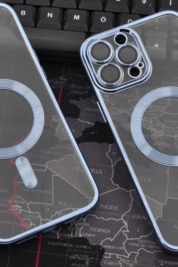 iPhone 13 Pro Max Uyumlu MagSafe Özellikli Saks Mavi Renkli Kenarlı Lazerli Şeffaf Kılıf Lens Korumalı - Resim 6