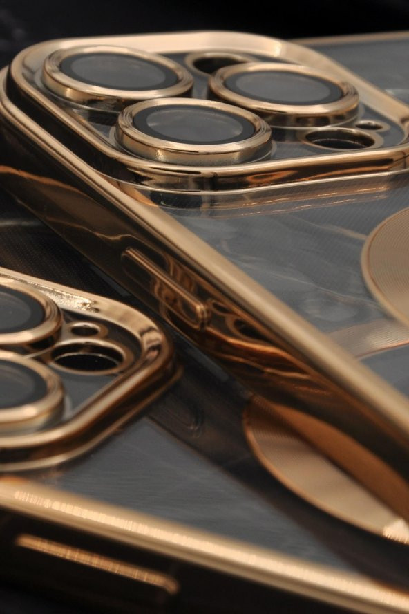 iPhone 13 Pro Max Uyumlu MagSafe Özellikli Altın Sarı Gold Renkli Kenarlı Lazerli Şeffaf Kılıf Lens Korumalı - Resim 3