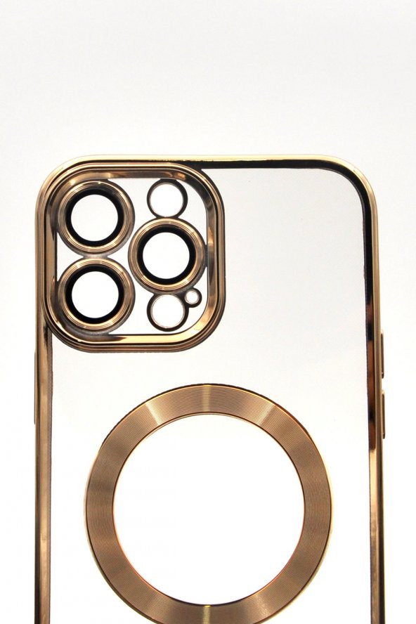 iPhone 13 Pro Max Uyumlu MagSafe Özellikli Altın Sarı Gold Renkli Kenarlı Lazerli Şeffaf Kılıf Lens Korumalı - Resim 5