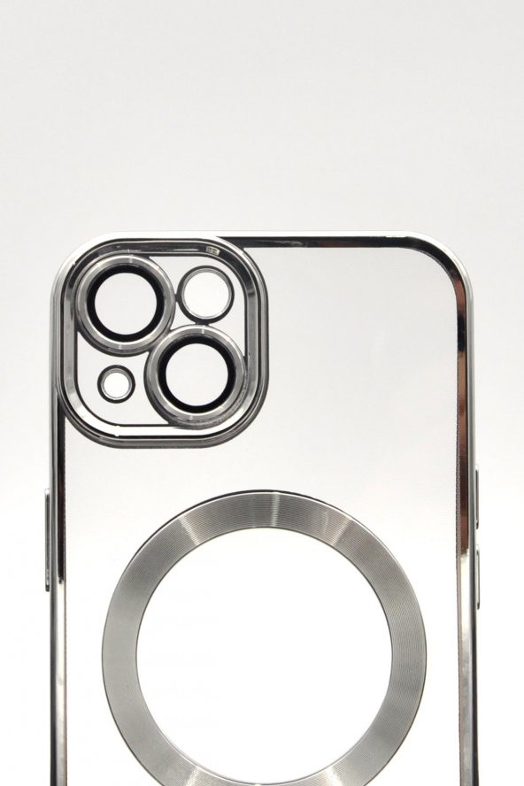 iPhone 14 Uyumlu MagSafe Özellikli Gümüş Gri Silver Renkli Kenarlı Lazerli Şeffaf Kılıf Lens Korumalı - Resim 5