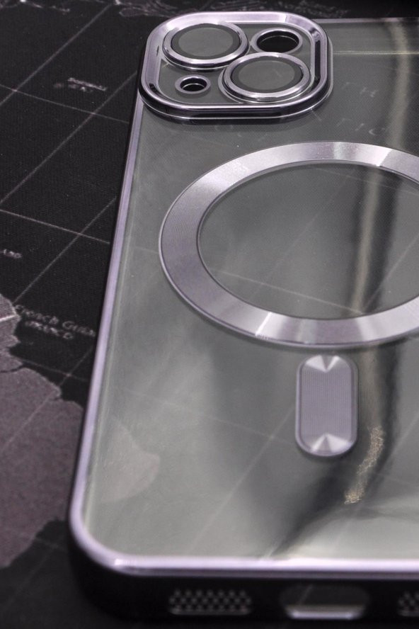 iPhone 14 Uyumlu MagSafe Özellikli Mor Renkli Kenarlı Lazerli Şeffaf Kılıf Lens Korumalı - Resim 2
