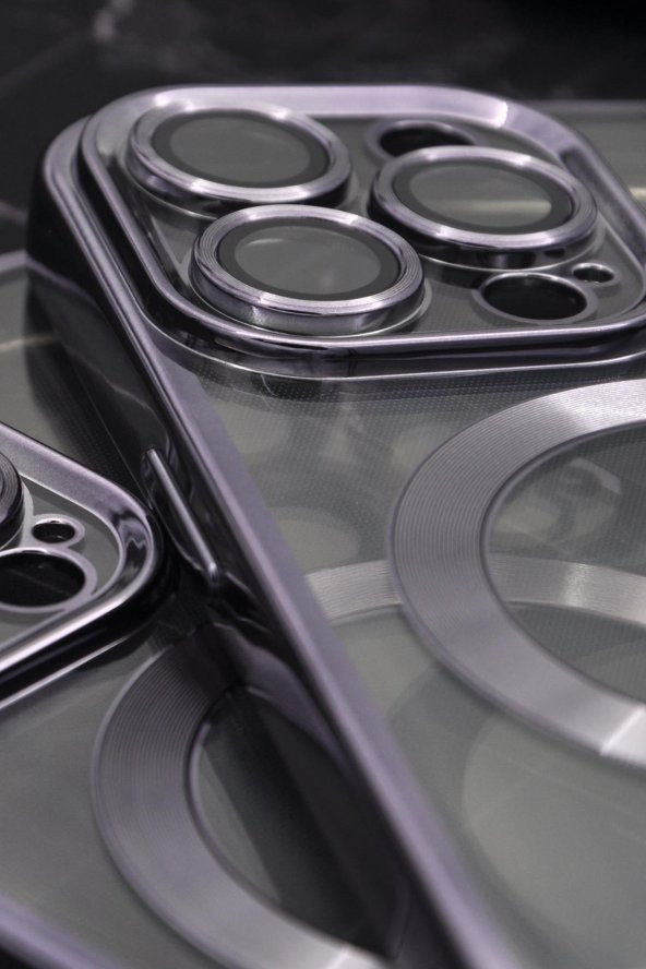 iPhone 14 Pro Uyumlu MagSafe Özellikli Mor Renkli Kenarlı Lazerli Şeffaf Kılıf Lens Korumalı - Resim 3