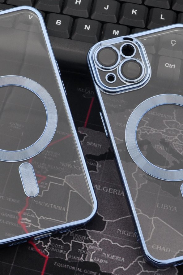 iPhone 14 Uyumlu MagSafe Özellikli Saks Mavi Renkli Kenarlı Lazerli Şeffaf Kılıf Lens Korumalı - Resim 6