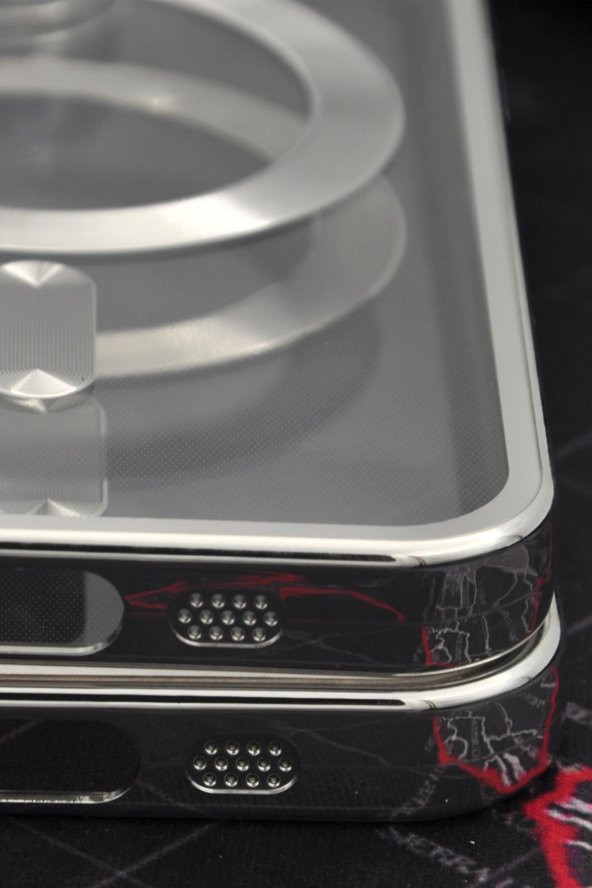 iPhone 14 Pro Uyumlu MagSafe Özellikli Gümüş Gri Silver Renkli Kenarlı Lazerli Şeffaf Kılıf Lens Korumalı - Resim 4