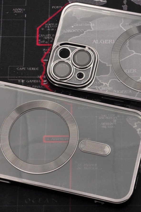 iPhone 14 Uyumlu MagSafe Özellikli Siyah Renkli Kenarlı Lazerli Şeffaf Kılıf Lens Korumalı - Resim 6