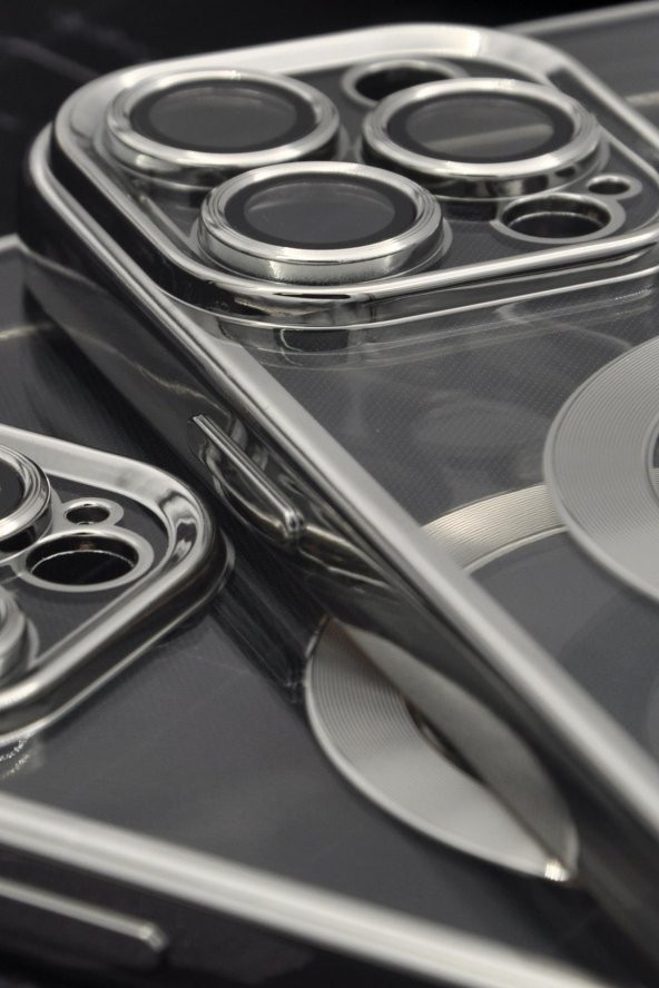 iPhone 14 Pro Max Uyumlu MagSafe Özellikli Gümüş Gri Silver Renkli Kenarlı Lazerli Şeffaf Kılıf Lens Korumalı - Resim 3