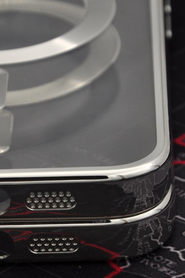 iPhone 14 Pro Max Uyumlu MagSafe Özellikli Gümüş Gri Silver Renkli Kenarlı Lazerli Şeffaf Kılıf Lens Korumalı - Resim 4