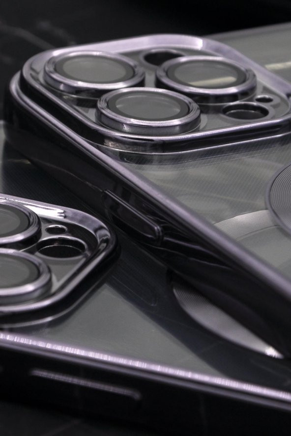 iPhone 14 Pro Max Uyumlu MagSafe Özellikli Mor Renkli Kenarlı Lazerli Şeffaf Kılıf Lens Korumalı - Resim 3