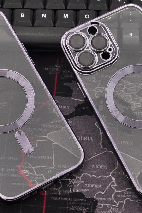 iPhone 14 Pro Max Uyumlu MagSafe Özellikli Mor Renkli Kenarlı Lazerli Şeffaf Kılıf Lens Korumalı - Resim 6