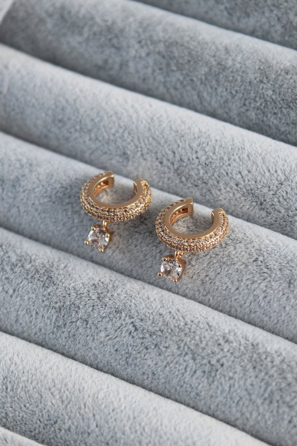 Gold Renk Sallantı Zirkon Taşlı Earcuff Pirinç Kadın Kıkırdak Küpe ürün görseli
