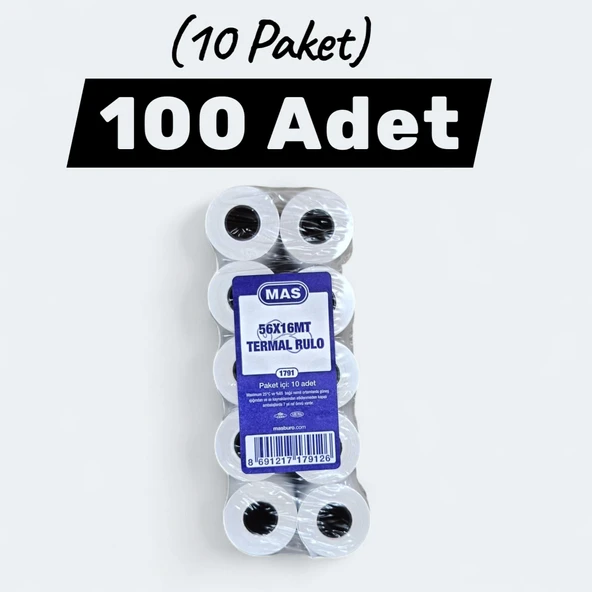 Mas 56x16 Termal Rulo Yazar Kasa Pos Kağıdı 16 Metre 100 Adet (10 Paket) - 2
