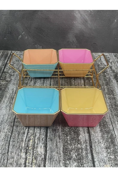 4 Bölmeli Gold Standlı Cam Kahvaltılık Çerezlik Sunumluk Renkli - 2