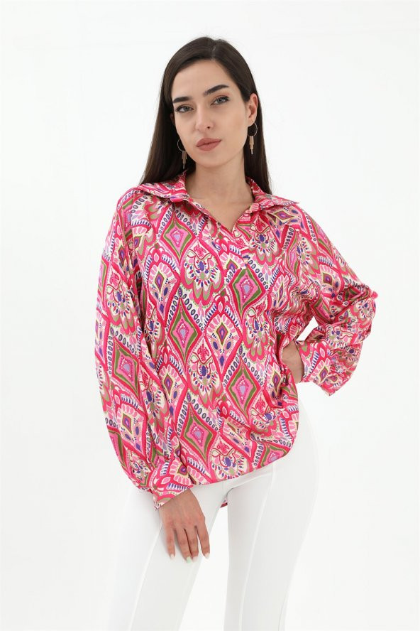 Reglan Kol Baskılı Saten Gömlek