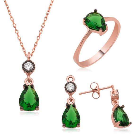 Gümüş Yeşil Damla Taşlı Bayan Set SL1309 - 1