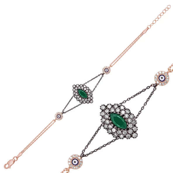 Gümüş Rose Mat Yeşil Taşlı Otantik Bileklik SL1426 ürün görseli