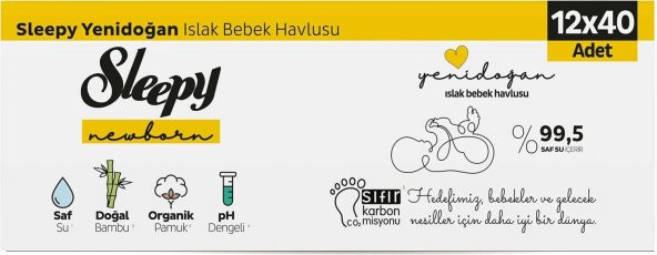 Sleepy Natural Yenidoğan Islak Pamuklu Havlu 12X40 (480 Yaprak) - 2