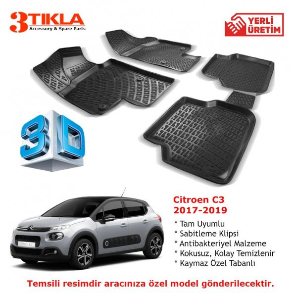 Citroen C3 2017-2019 Premium 3D Havuzlu Paspas Seti