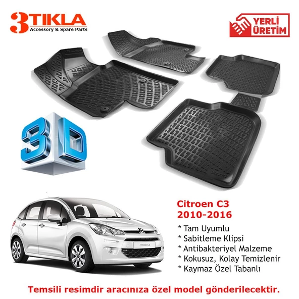 Citroen C3 2010-2016 Premium 3D Havuzlu Paspas Seti
