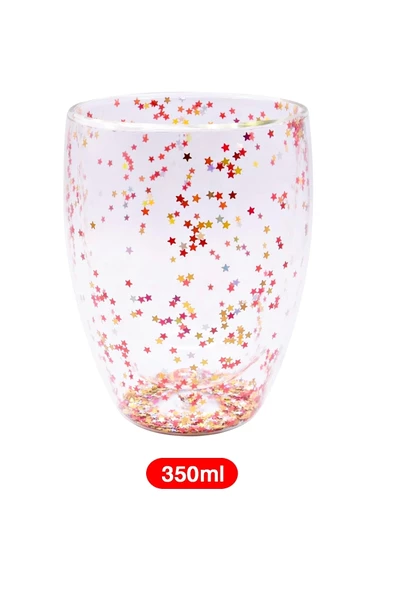 6'lı Yıldız Simli Çift Cidarlı Bardak Kahve Sunum Kokteyl Bardağı Isıya Dayanıklı Borosilikat 350ml - 2