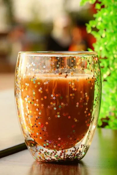 4'lü Yıldız Simli Çift Cidarlı Bardak Kahve Sunum Kokteyl Bardağı Isıya Dayanıklı Borosilikat 350ml - 4