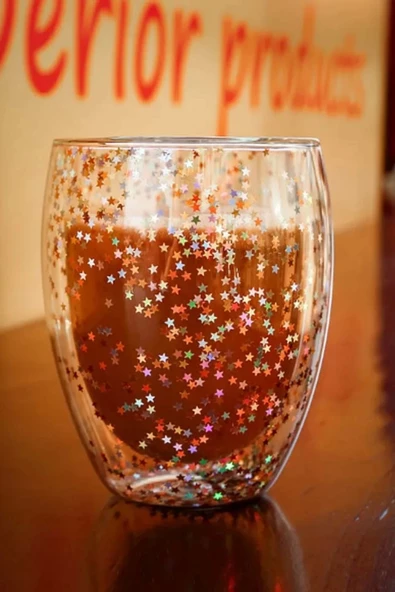 4'lü Yıldız Simli Çift Cidarlı Bardak Kahve Sunum Kokteyl Bardağı Isıya Dayanıklı Borosilikat 350ml - 2