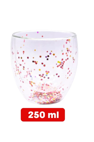 2'li Çift Cidarlı Bardak Yıldız Simli Kahve Sunum Kokteyl Bardağı Isıya Dayanıklı Borosilikat 250ml - 4