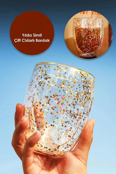 4'lü Yıldız Simli Çift Cidarlı Bardak Kahve Sunum Kokteyl Bardağı Isıya Dayanıklı Borosilikat 350ml - 3