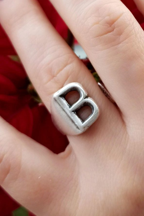 B Harfi Şekilli Kadın Yüzük Gümüş Kaplama Ayarlanabilir El Yapımı Yüzük ürün görseli 1