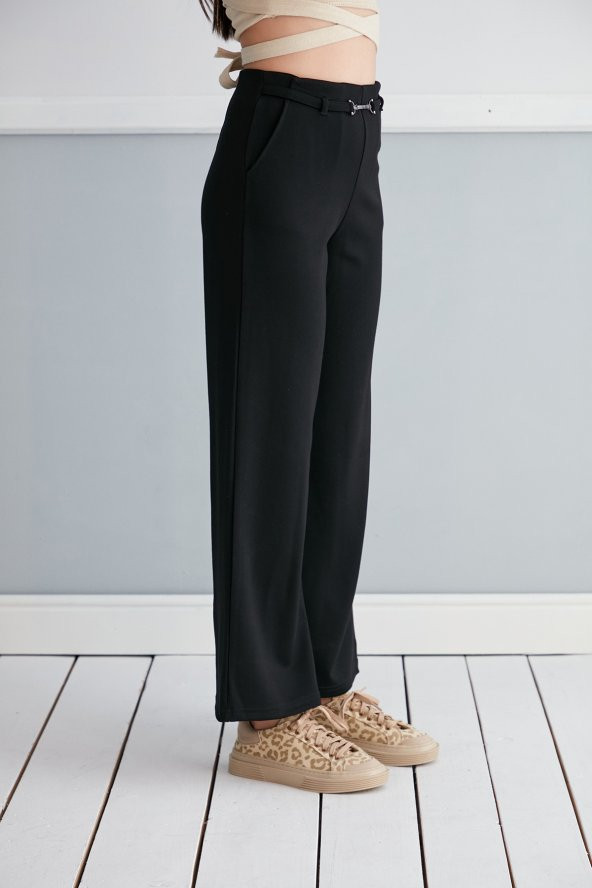 Günlük Yüksek Bel Esnek Siyah Cepli Palazzo Pantolon Kemer Detaylı - 3
