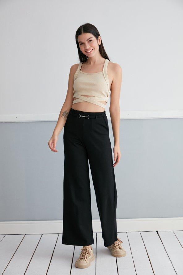 Günlük Yüksek Bel Esnek Siyah Cepli Palazzo Pantolon Kemer Detaylı - 8