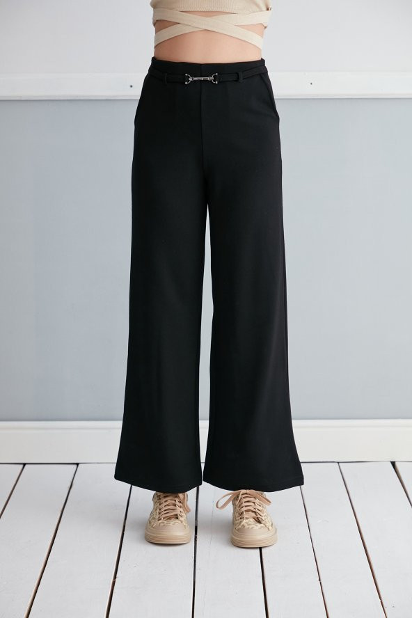 Günlük Yüksek Bel Esnek Siyah Cepli Palazzo Pantolon Kemer Detaylı - 2