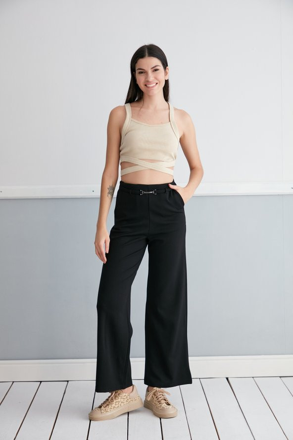 Günlük Yüksek Bel Esnek Siyah Cepli Palazzo Pantolon Kemer Detaylı - 5