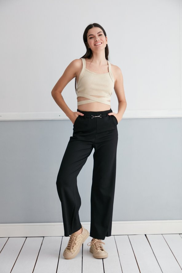 Günlük Yüksek Bel Esnek Siyah Cepli Palazzo Pantolon Kemer Detaylı - 7