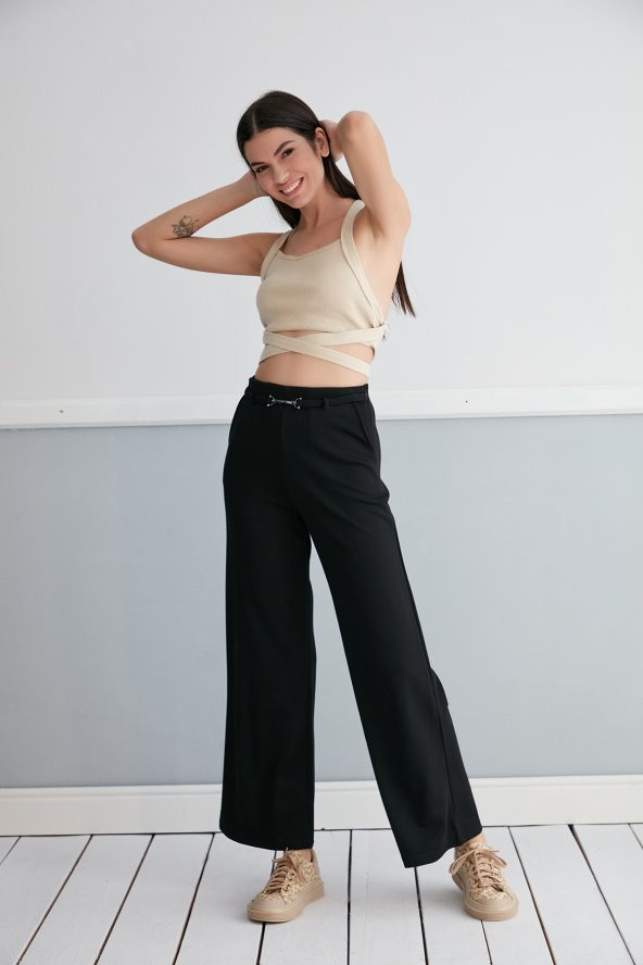 Günlük Yüksek Bel Esnek Siyah Cepli Palazzo Pantolon Kemer Detaylı - 9