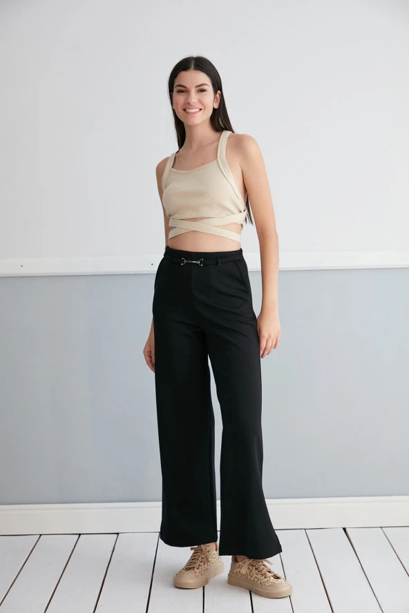 Günlük Yüksek Bel Esnek Siyah Cepli Palazzo Pantolon Kemer Detaylı - 6