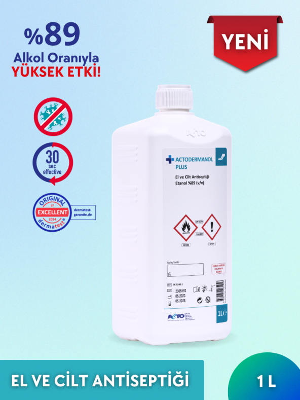 ACTODERMANOL® PLUS 1 Litre | El ve Cilt Antiseptiği 89 (v/v) Etanol