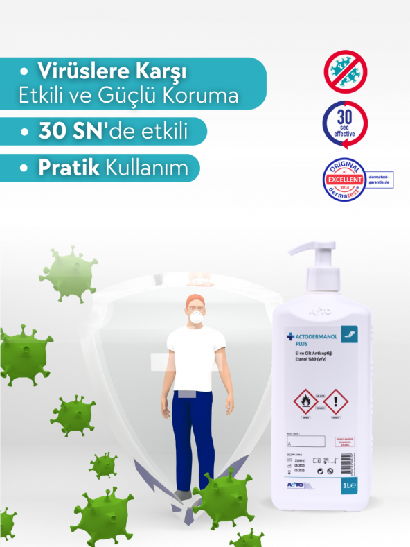 ACTODERMANOL PLUS 1 Litre  El ve Cilt Antiseptiği 89 (v/v) Etanol - 2