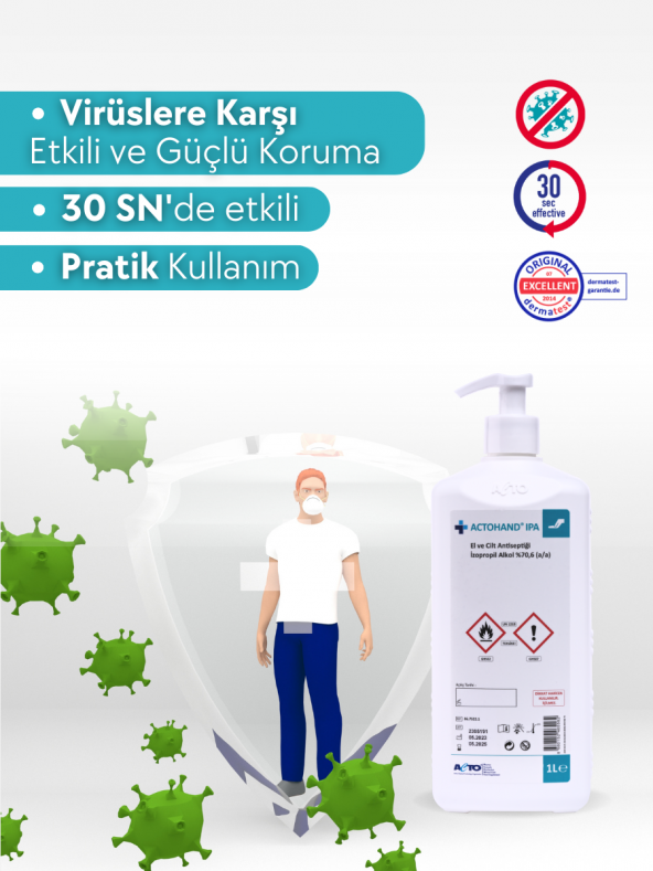 ACTOHAND IPA 1 Litre  El ve Cilt Antiseptiği - İzopropil Alkol 75  (v/v) - 2