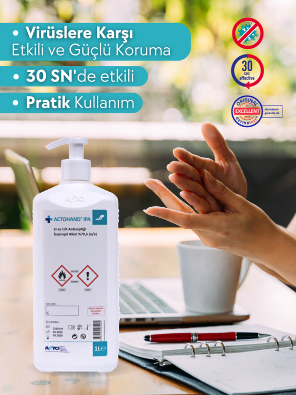 ACTOHAND IPA 1 Litre  El ve Cilt Antiseptiği - İzopropil Alkol 75  (v/v) - 3
