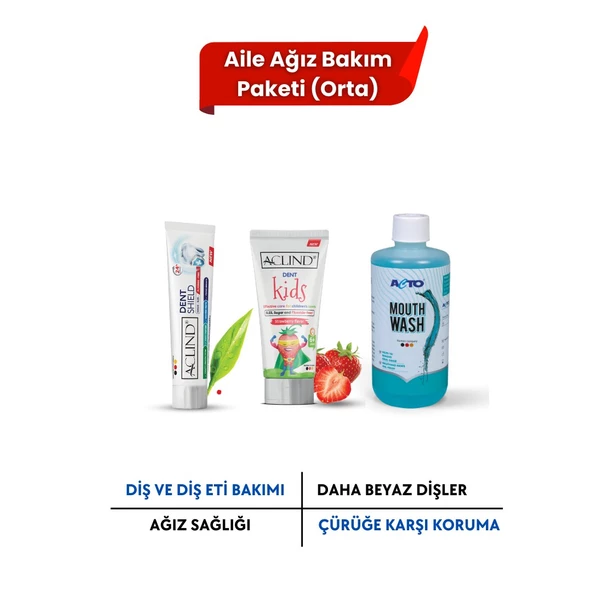 Aclind Aile Ağız Bakım Paketi - Orta (DENT SHIELD 100 ml + Dent Kids 15 ml + MOUTHWASH 500 ml )