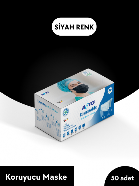 ACTO SURGICAL MASK SİYAH 50 adet  Koruyucu Maske Meltblown Kumaş, Filtreli, Burun Klipsli, 3 Katlı