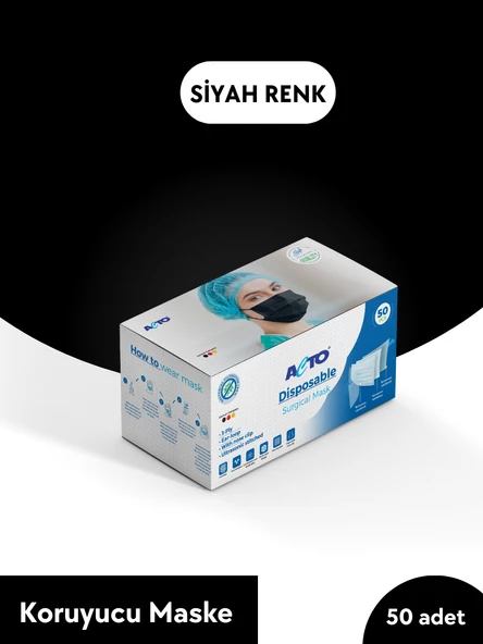 ACTO® SURGICAL MASK SİYAH 50 adet | Koruyucu Maske Meltblown Kumaş, Filtreli, Burun Klipsli, 3 Katlı