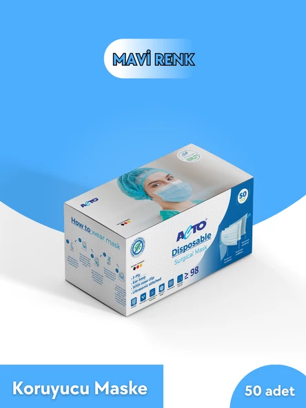 ACTO® SURGICAL MASK MAVİ 50 adet | Koruyucu Maske Meltblown Kumaş, Filtreli, Burun Klipsli, 3 Katlı