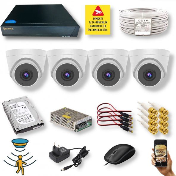 4 Kameralı Set - Yüz İnsan Tanımalı Hareket Algılayan 1080P Dome Güvenlik Kamerası Seti