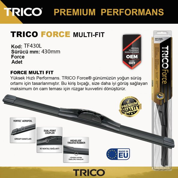 Trico FORCE MULTIFIT Tek Silecek 430mm TF430L ürün görseli 1