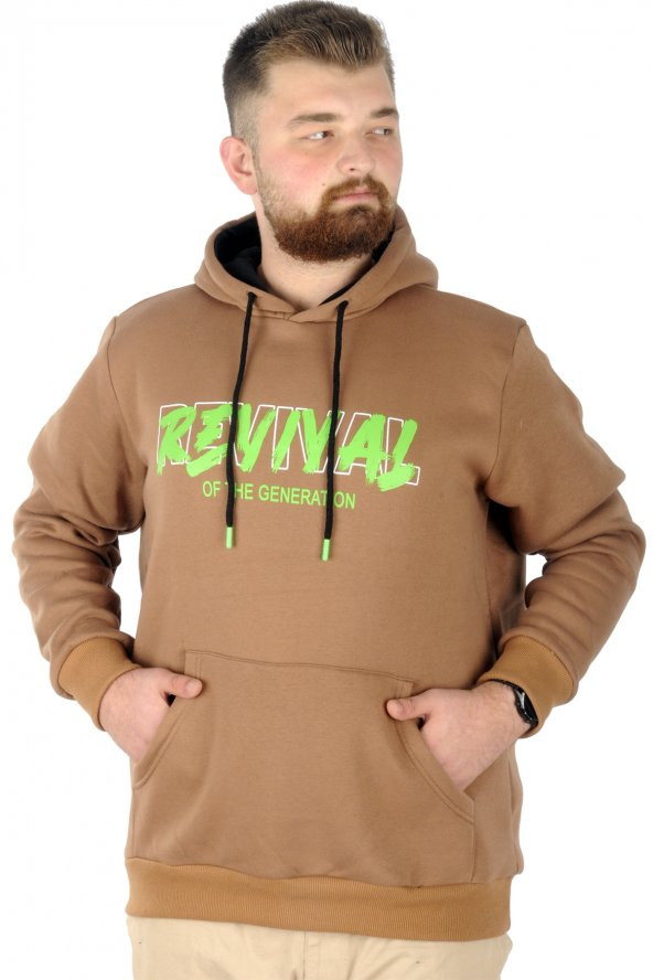 Mode XL Büyük Beden Erkek Sweatshirt Kapşonlu Kanguru Revival 22545 Sütlü Kahve